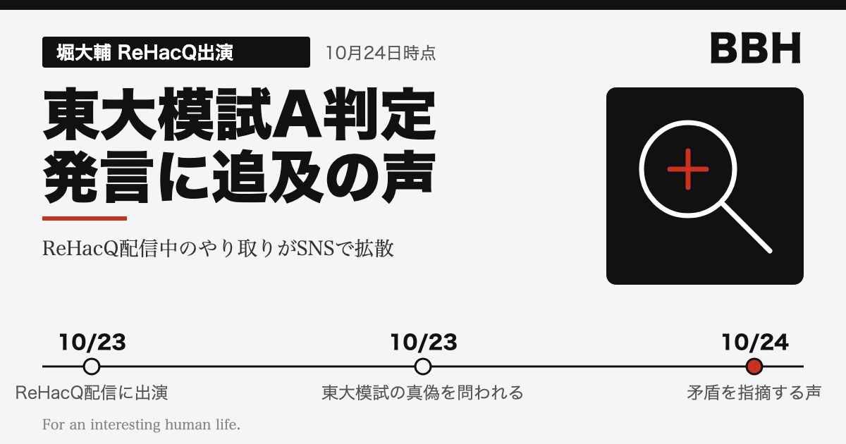 堀大輔さんのReHacQ出演と東大模試A判定をめぐる指摘の時系列を示す図解